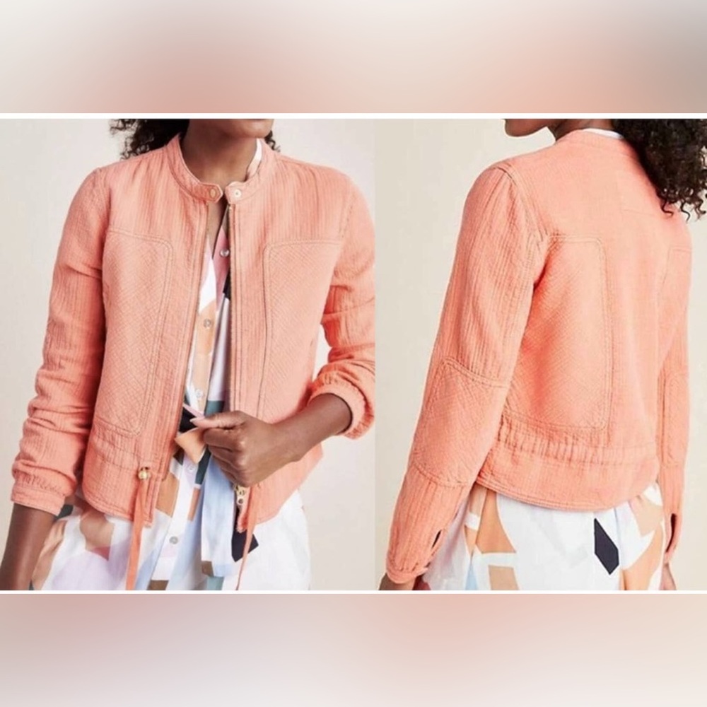 Anthropologie Joyce Orange Coral Zip Up Moto Quilted Jacket Size L